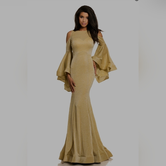JOHNATHAN KAYNE Yellow Gold lame cold shoulder long sleeve pageant prom dress 2 - Picture 1 of 6